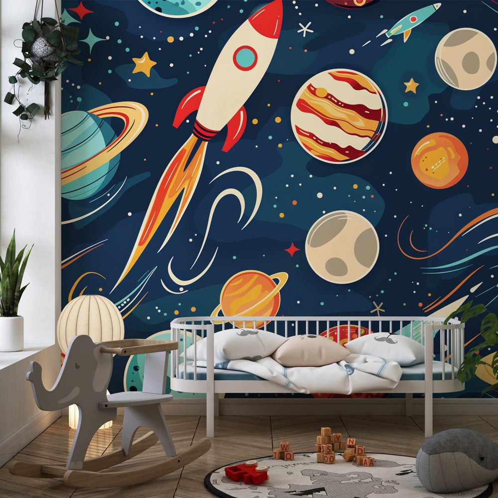Kids-Mundo space themed wall mural brightening an active playroom wall with planets