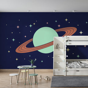 Saturn planet wallpaper creating cosmic nursery decor with deep blue starry background