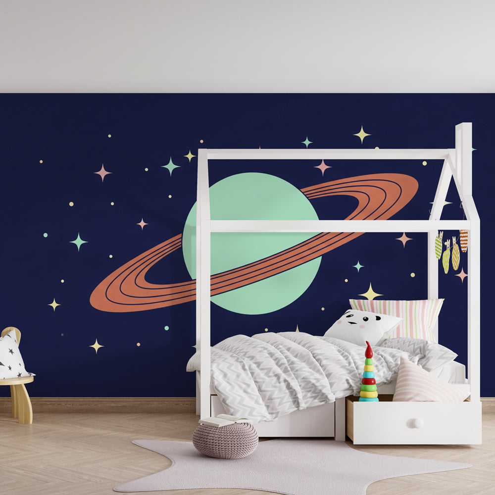 Space exploration wallpaper transforming children's playroom with Saturn and stars design