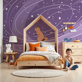 Space squirrel mural wallpaper in modern nursery with purple galaxy stars by Kids-Mundo