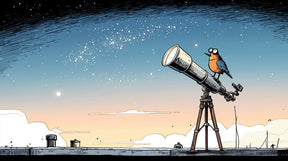 Detailed space telescope and curious bird mural wallpaper design pattern by Kids-Mundo