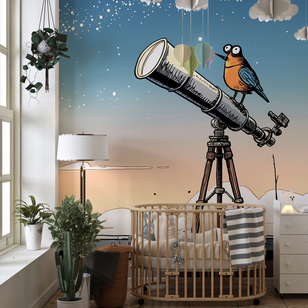Space exploration themed mural wallpaper transforming children's playroom into observatory