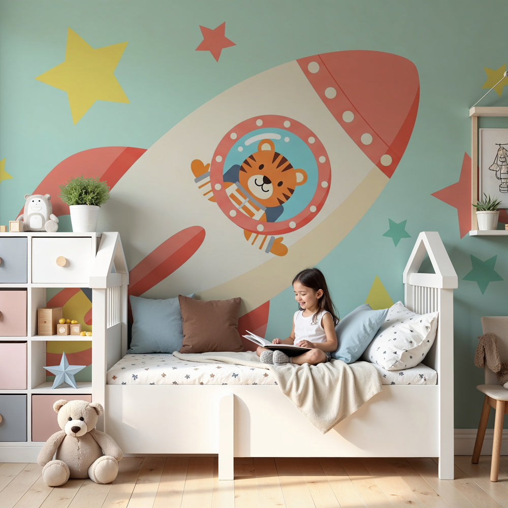 Space tiger astronaut mural wallpaper in modern kids bedroom with rocket and stars by Kids-Mundo