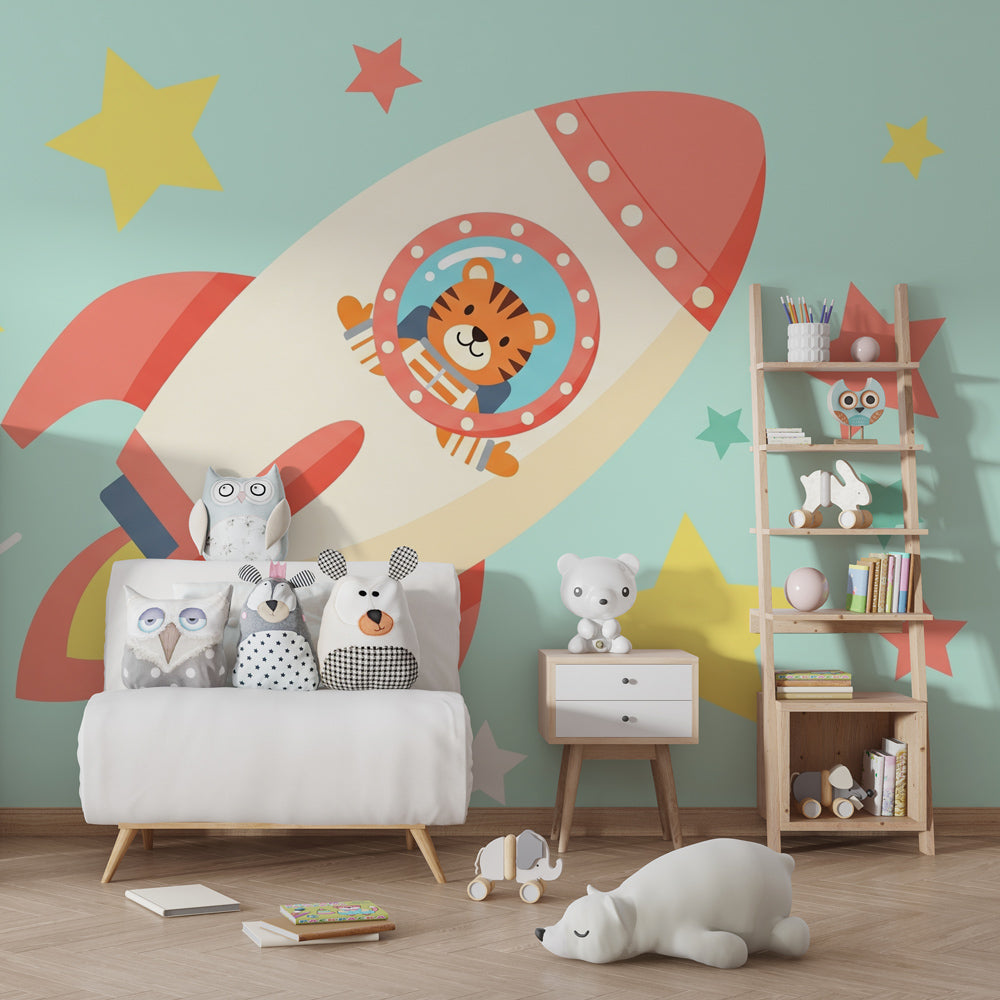 Cosmic adventure wallpaper featuring tiger astronaut creating magical nursery space with planets