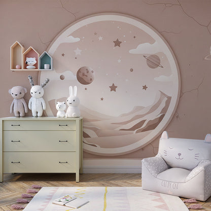 Kids-Mundo planets and stars wall mural on a feature wall in a kids bedroom