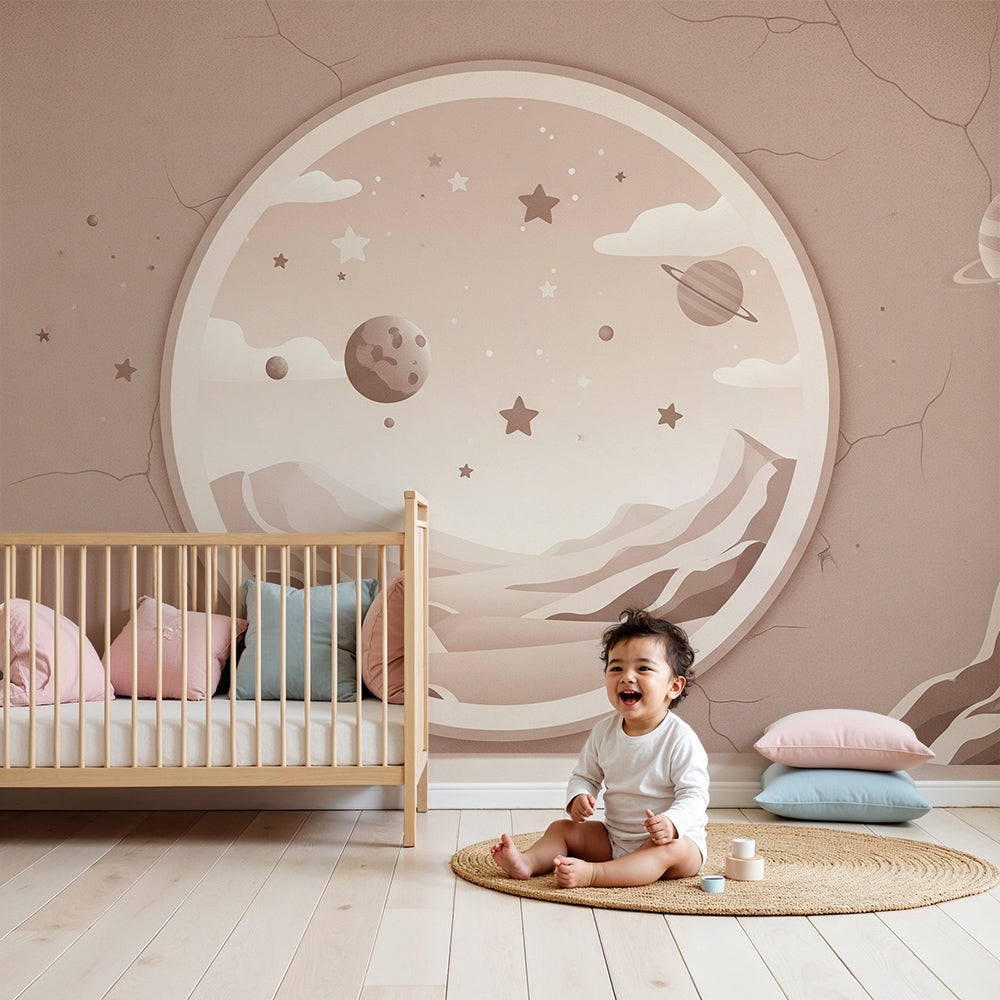 Kids-Mundo space window wall mural above a cot in a soft pink nursery setting