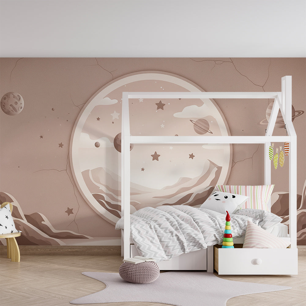 Kids-Mundo circular space window mural covering a playroom wall with toys nearby