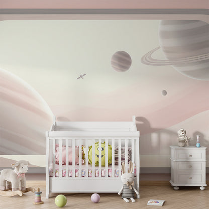 Kids-Mundo porthole planets wall mural as a bold feature wall in a kids bedroom