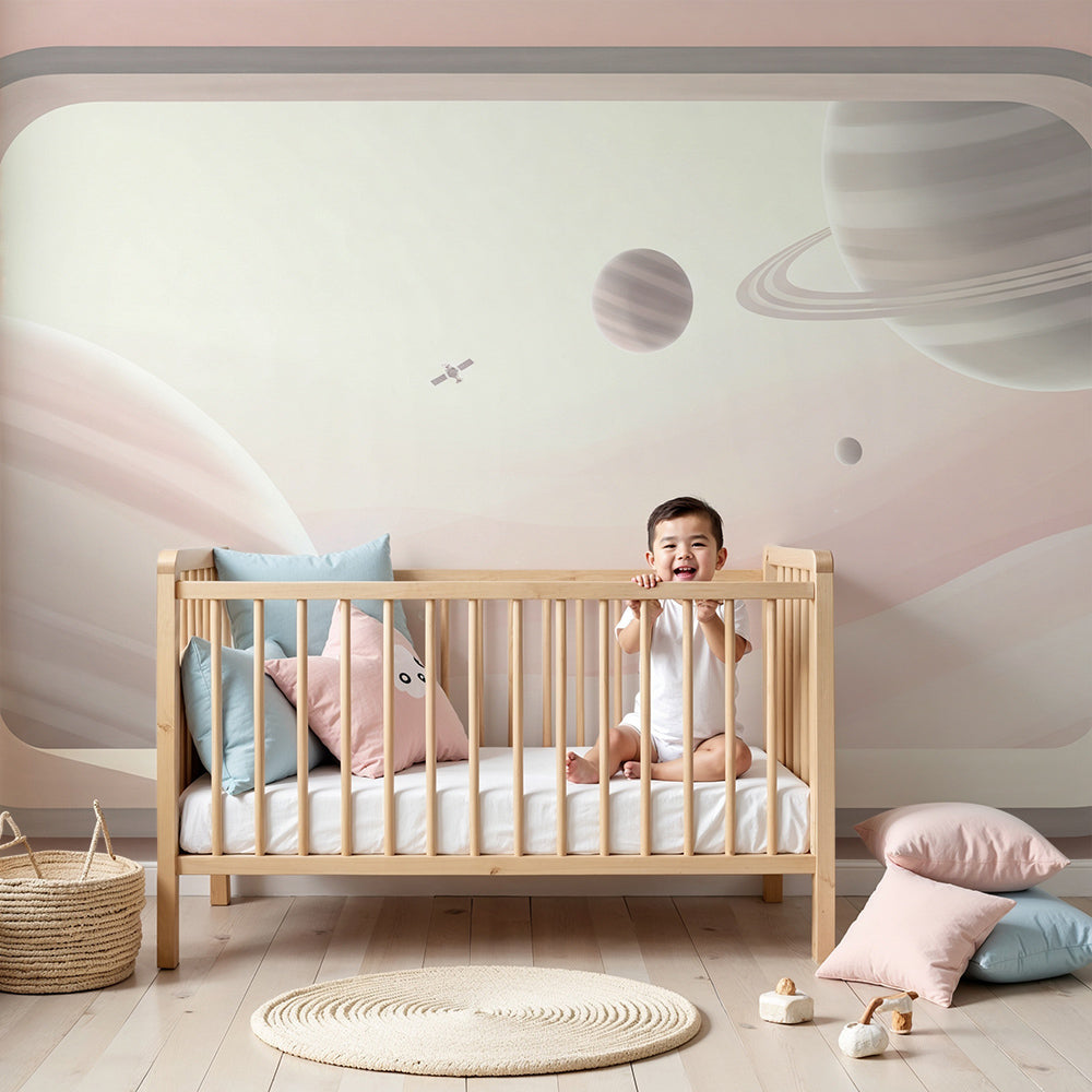 Kids-Mundo spaceship window wall mural styled as a fun nursery wallpaper feature