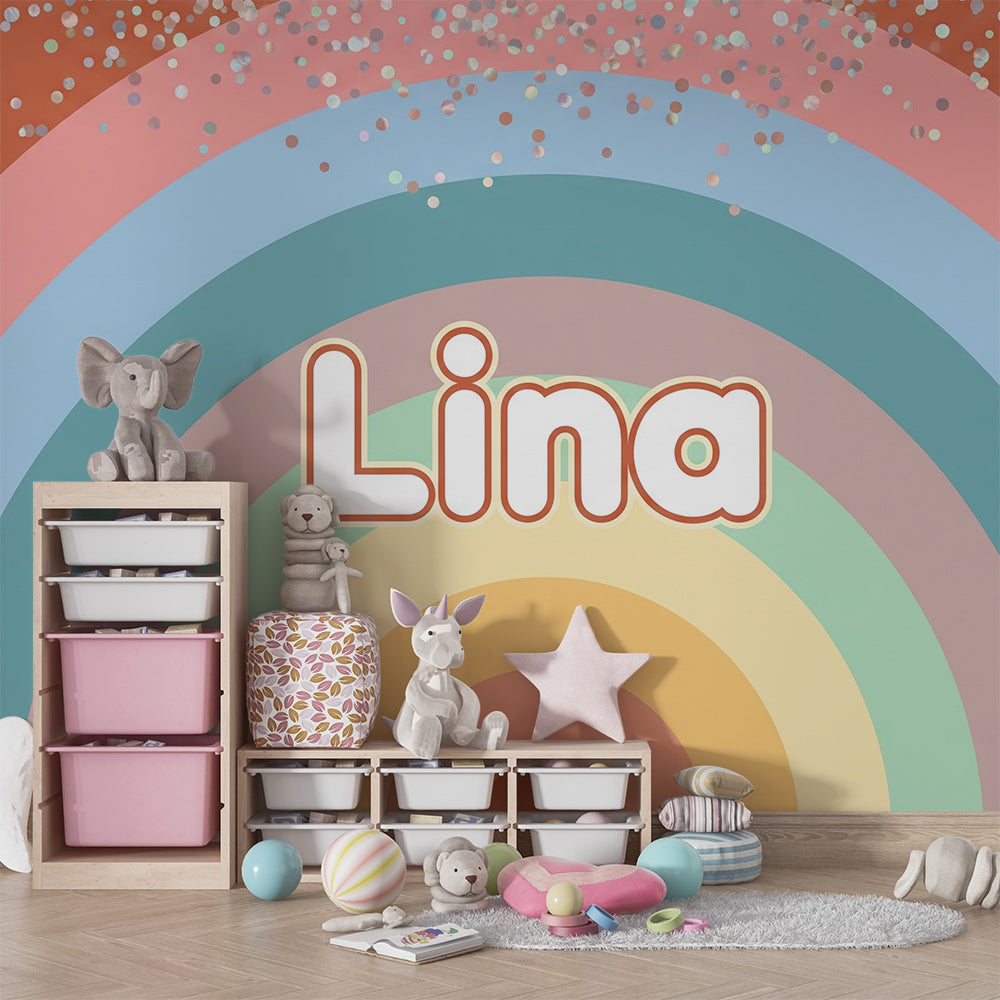 Kids-Mundo sparkly rainbow wall mural styled above a bed in a kids bedroom