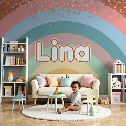 Kids-Mundo sparkly rainbow wall mural on a terracotta background in a baby nursery