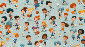 Detailed sports kids mural wallpaper design pattern with cartoon athletes and bright colors by Kids-Mundo