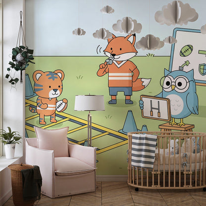 Kids-Mundo tiger, fox and owl sports wall mural brightening a child's bedroom feature wall.