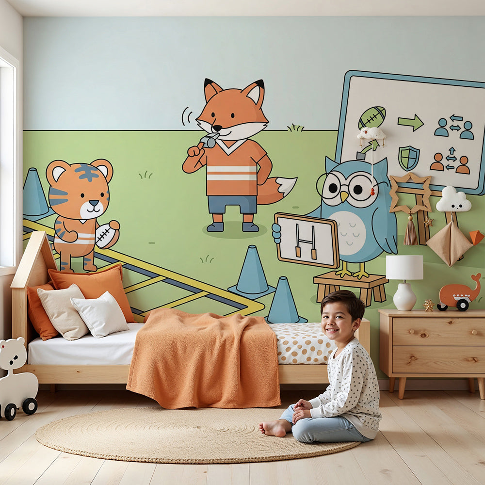 Kids-Mundo tiger sports training wall mural styled in a nursery with soft natural light and green tones.