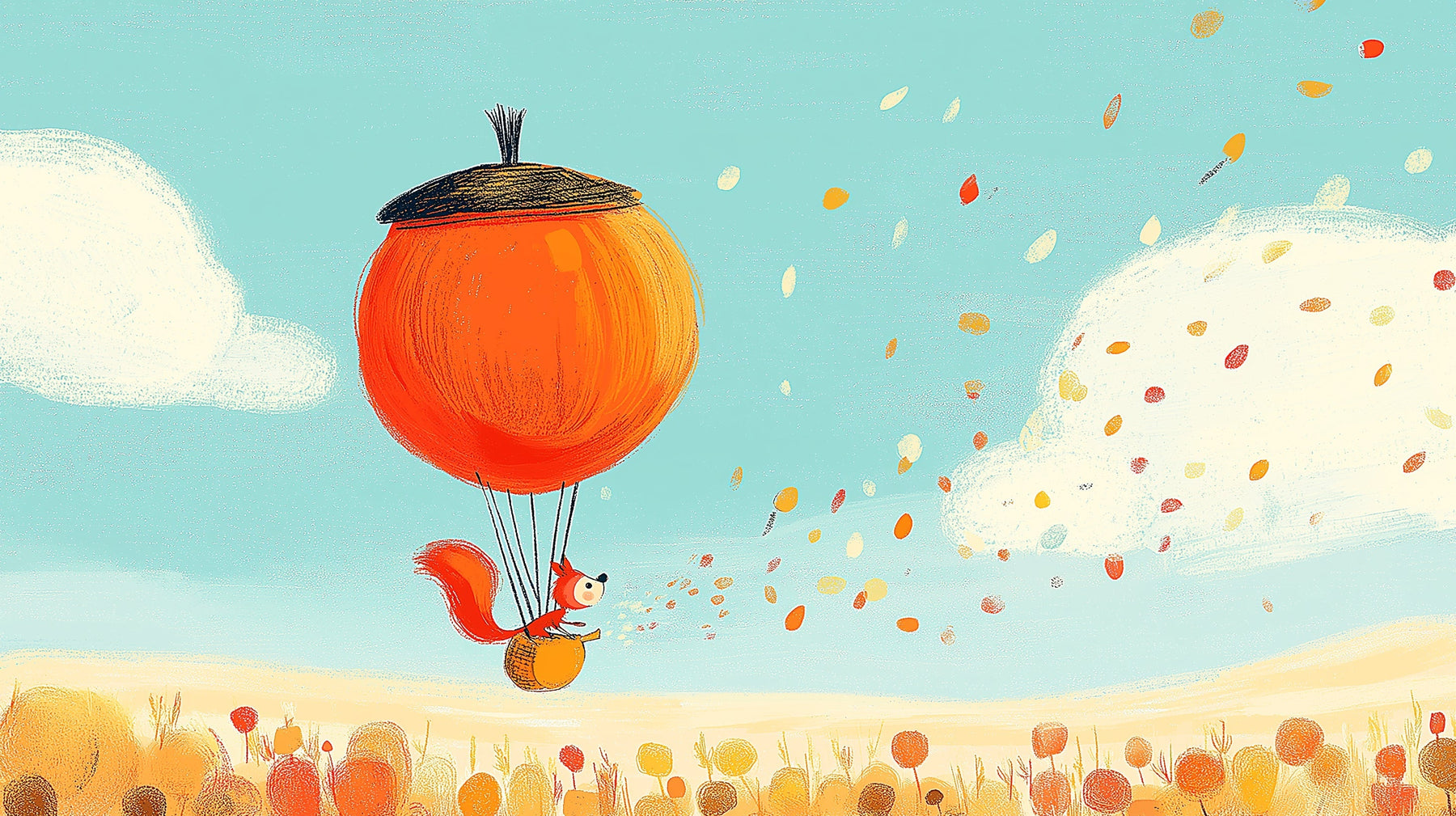 Detailed squirrel parachute adventure mural wallpaper design pattern with autumn leaves by Kids-Mundo
