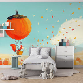Whimsical squirrel mural wallpaper creating magical nursery decor with autumn sky theme by Kids-Mundo