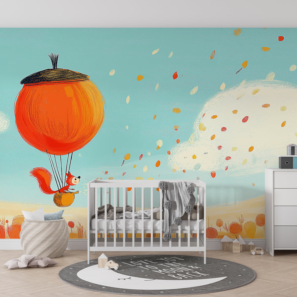 Adventure themed squirrel wallpaper transforming children's playroom with vibrant autumn colors