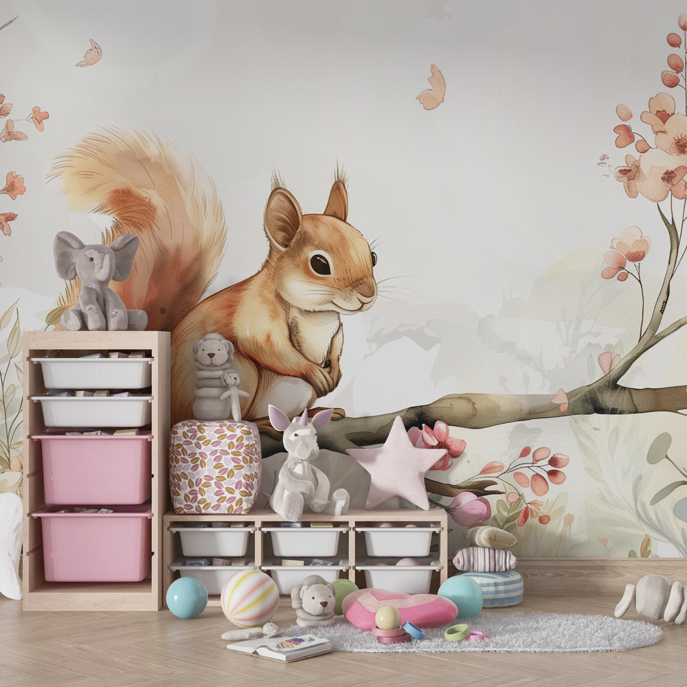 Kids-Mundo squirrel blossom branch wall mural behind a bed in a light, calm kids bedroom