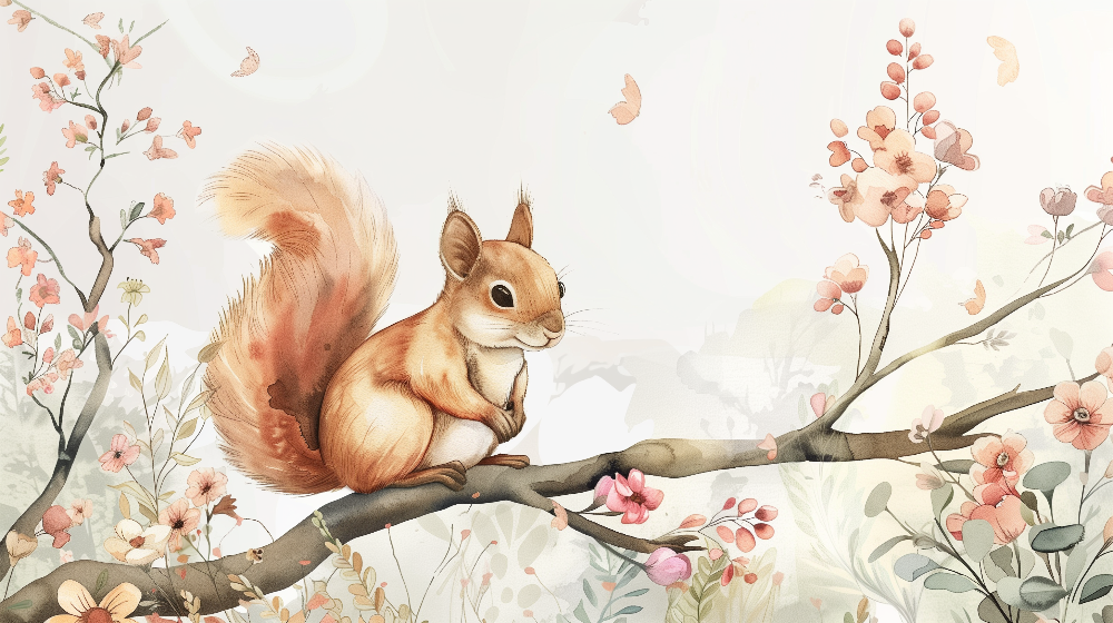 Dreamy Squirrel on Blossom Branch Wall Mural