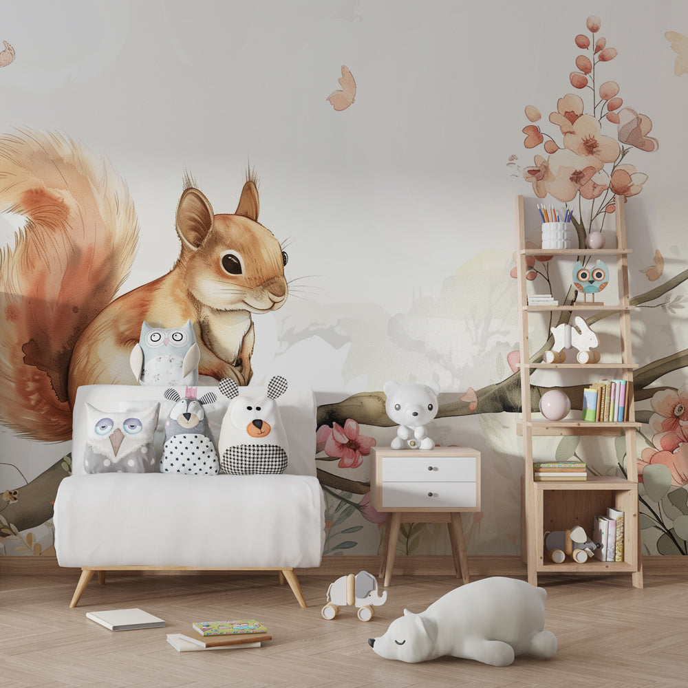 Kids-Mundo dreamy squirrel wall mural bringing soft colour to a bright playroom corner