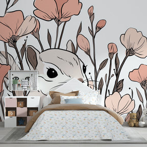Botanical squirrel wallpaper with pink flowers in modern kids room by Kids-Mundo