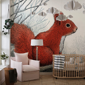 Nature-inspired squirrel mural wallpaper with botanical elements for kids room decor