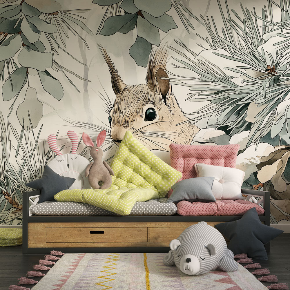 Snowy forest mural wallpaper featuring curious squirrel creating cozy kids room atmosphere