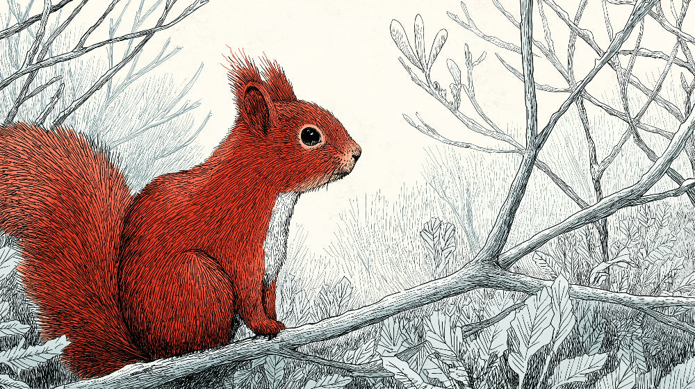 Detailed red squirrel on branch mural wallpaper design pattern by Kids-Mundo