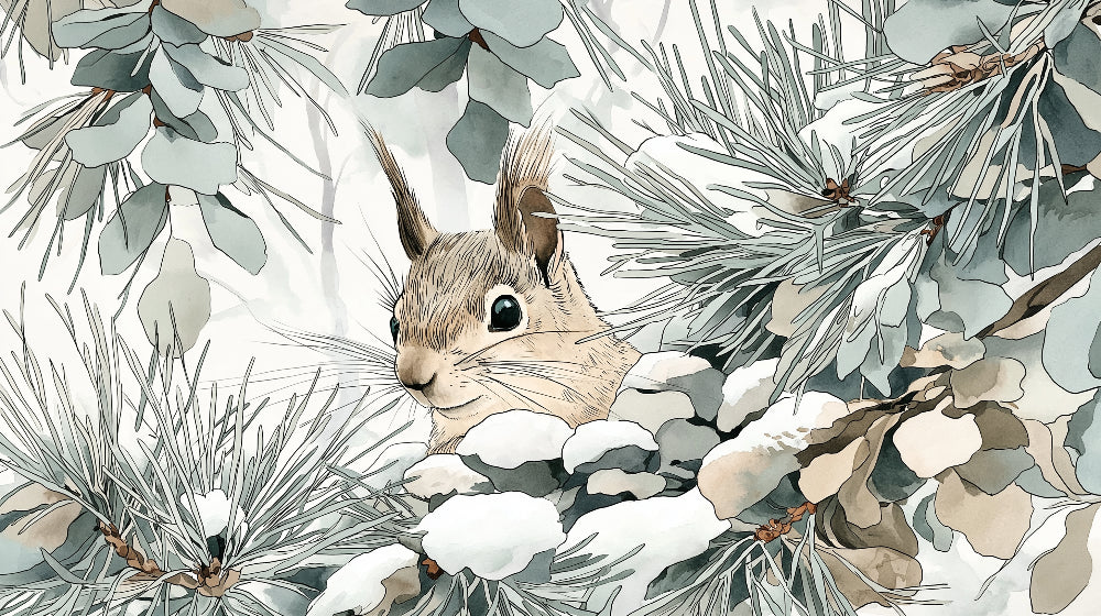 Detailed winter squirrel mural wallpaper design pattern with snow-covered branches by Kids-Mundo