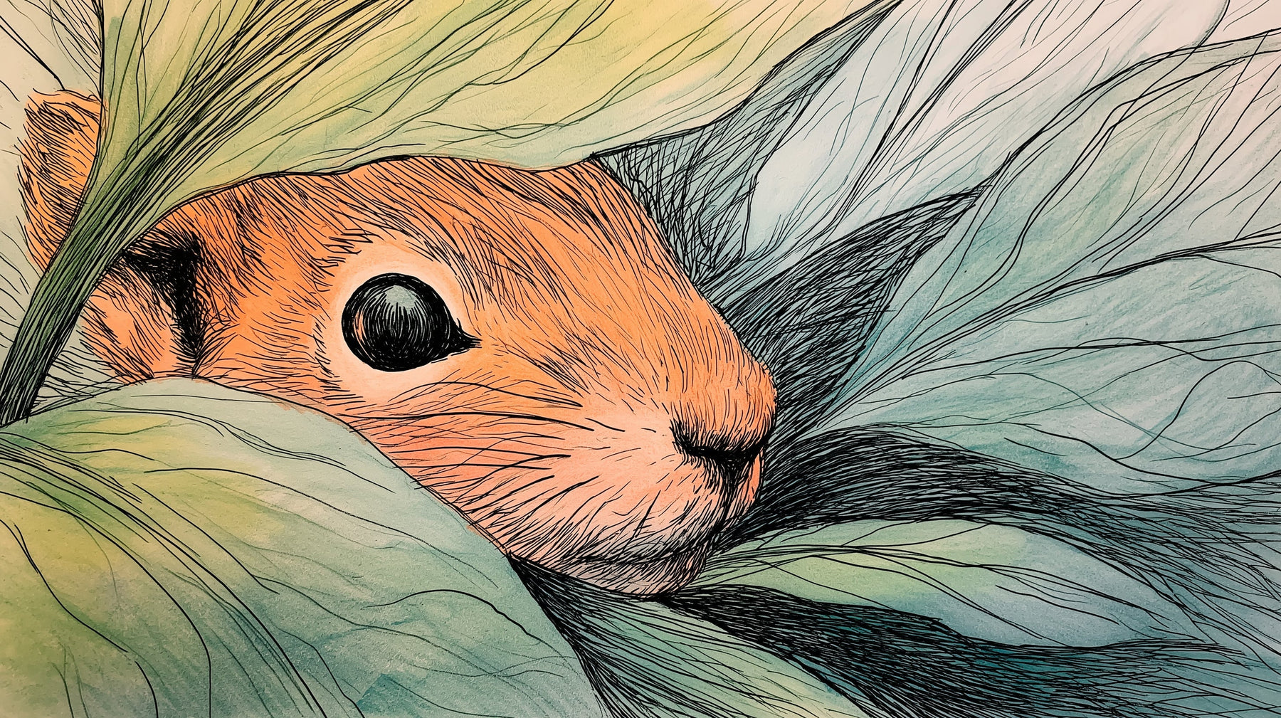 Detailed squirrel hiding among leaves mural wallpaper design pattern by Kids-Mundo