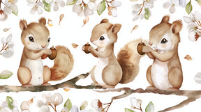 Detailed baby squirrel mural wallpaper design pattern showing three woodland creatures with acorns by Kids-Mundo