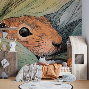 Nature-themed squirrel wallpaper transforming children's bedroom into forest adventure space