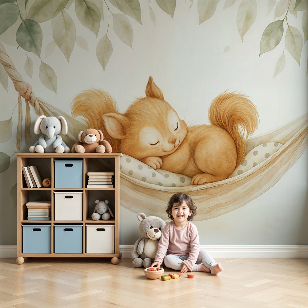 Sleeping squirrel mural wallpaper in peaceful nursery setting by Kids-Mundo