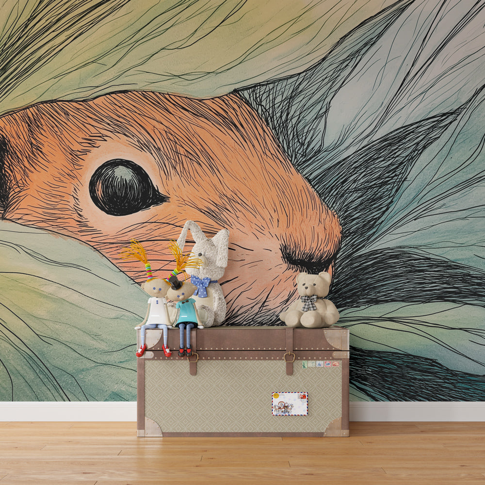 Animal mural wallpaper with hidden squirrel design for playroom woodland theme by Kids-Mundo