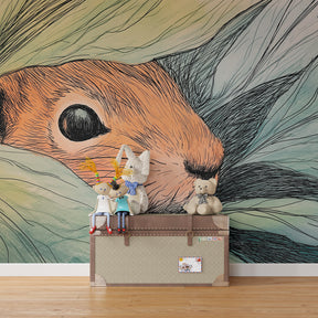 Animal mural wallpaper with hidden squirrel design for playroom woodland theme by Kids-Mundo