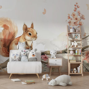 Flowering branch squirrel mural wallpaper bringing nature into children's playroom space