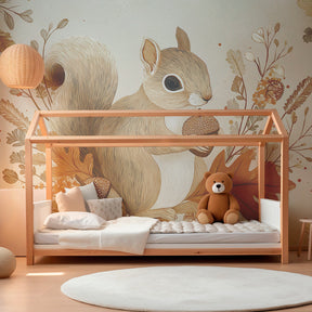 Woodland squirrel mural wallpaper for children's playroom with natural wood furniture