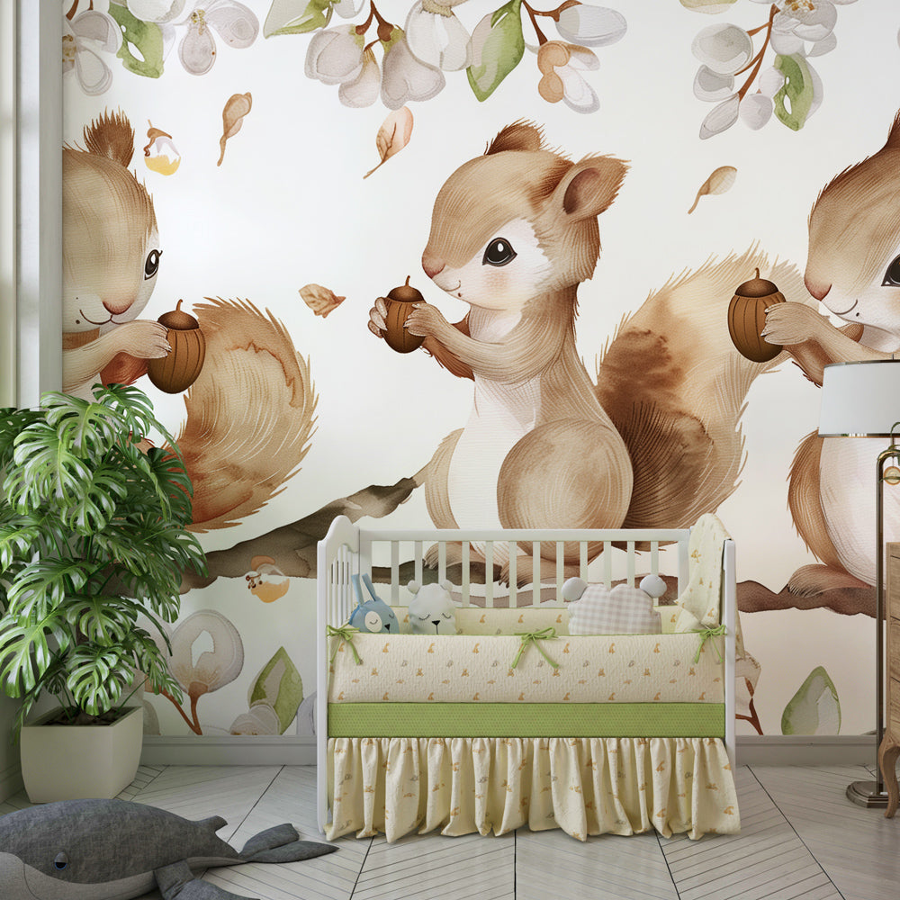 Woodland squirrel wallpaper creating magical atmosphere in children's bedroom with natural forest theme