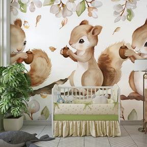 Woodland squirrel wallpaper creating magical atmosphere in children's bedroom with natural forest theme