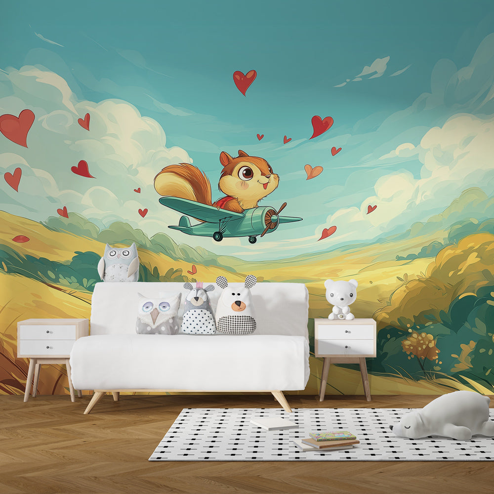 Adventure squirrel airplane mural wallpaper transforming children's bedroom into magical space