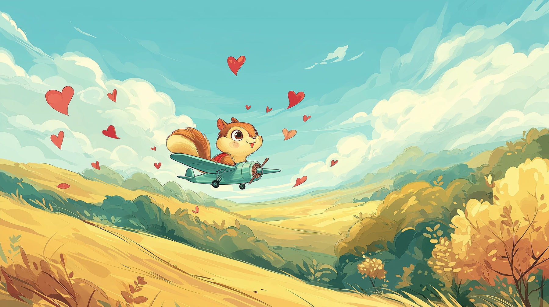 Detailed squirrel pilot airplane mural wallpaper design pattern with floating hearts by Kids-Mundo