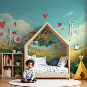 Squirrel pilot mural wallpaper creating whimsical aviation-themed nursery decor by Kids-Mundo