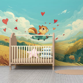 Flying squirrel with hearts mural wallpaper for colorful kids playroom by Kids-Mundo
