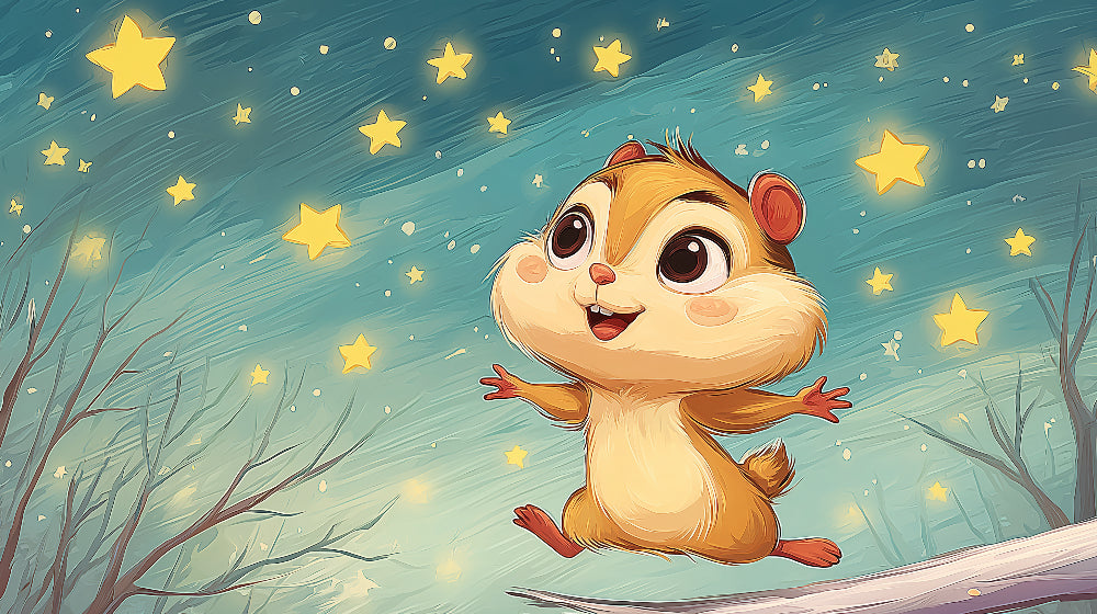 Detailed squirrel stars mural wallpaper design pattern showing adorable woodland creature under starry sky by Kids-Mundo