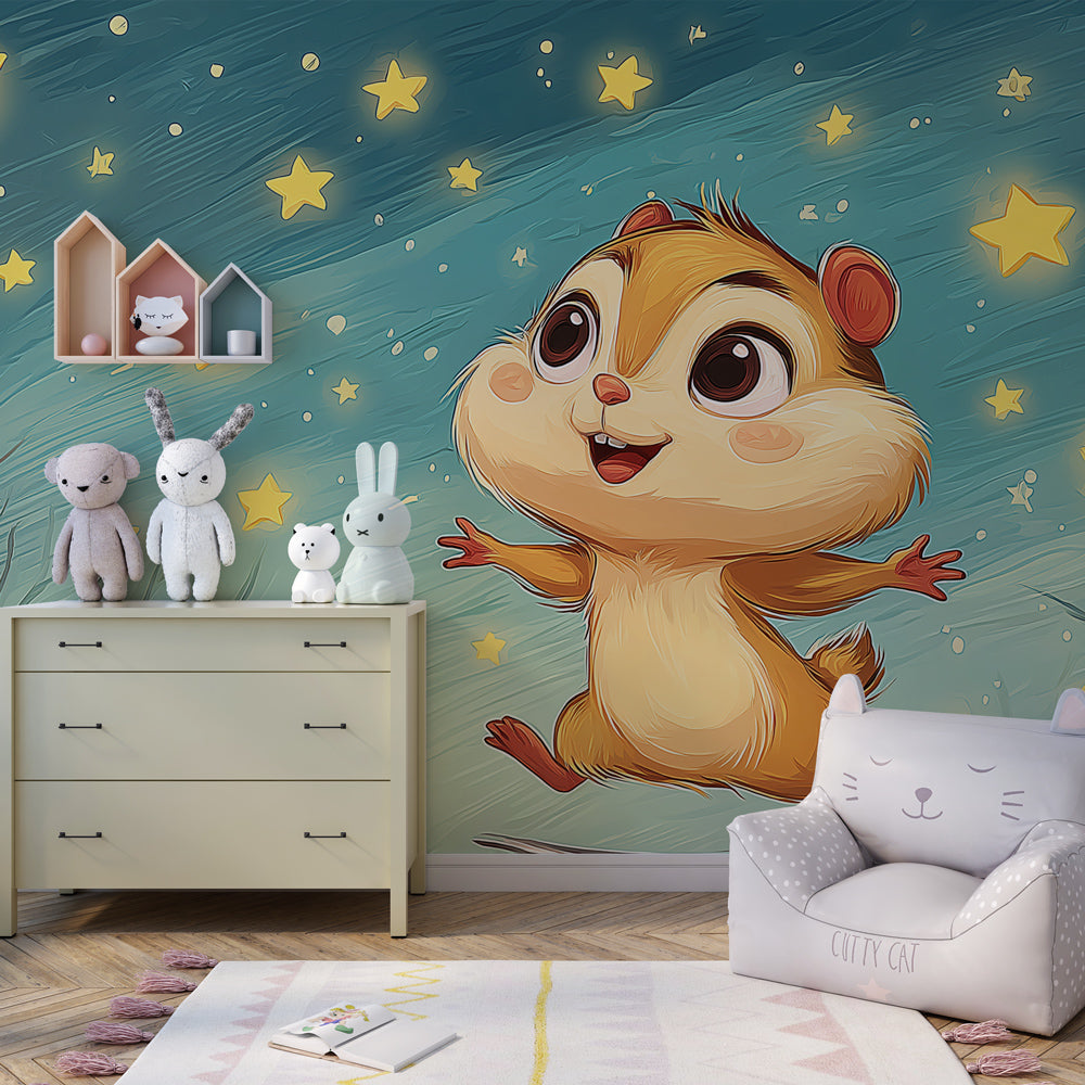 Night sky squirrel mural wallpaper transforming kids room into whimsical starlit sanctuary