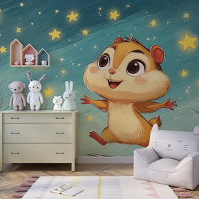 Night sky squirrel mural wallpaper transforming kids room into whimsical starlit sanctuary