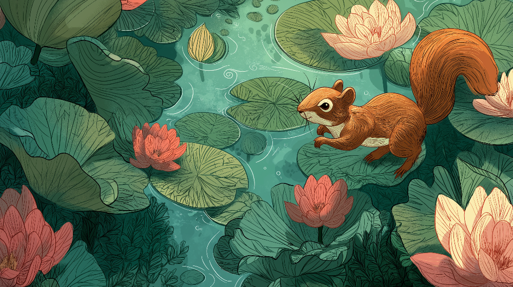 Kids-Mundo flat artwork of a squirrel among water lilies used for this wall mural design