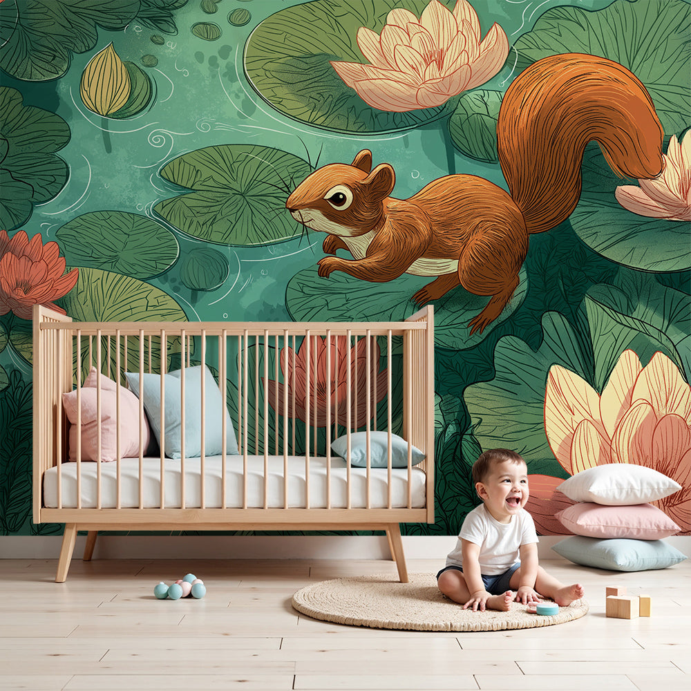 Kids-Mundo squirrel and water lily wall mural in a calm, nature-inspired nursery