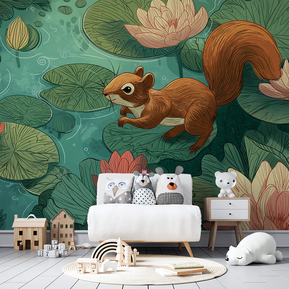 Kids-Mundo squirrel and lotus flower wall mural brightening a children's playroom