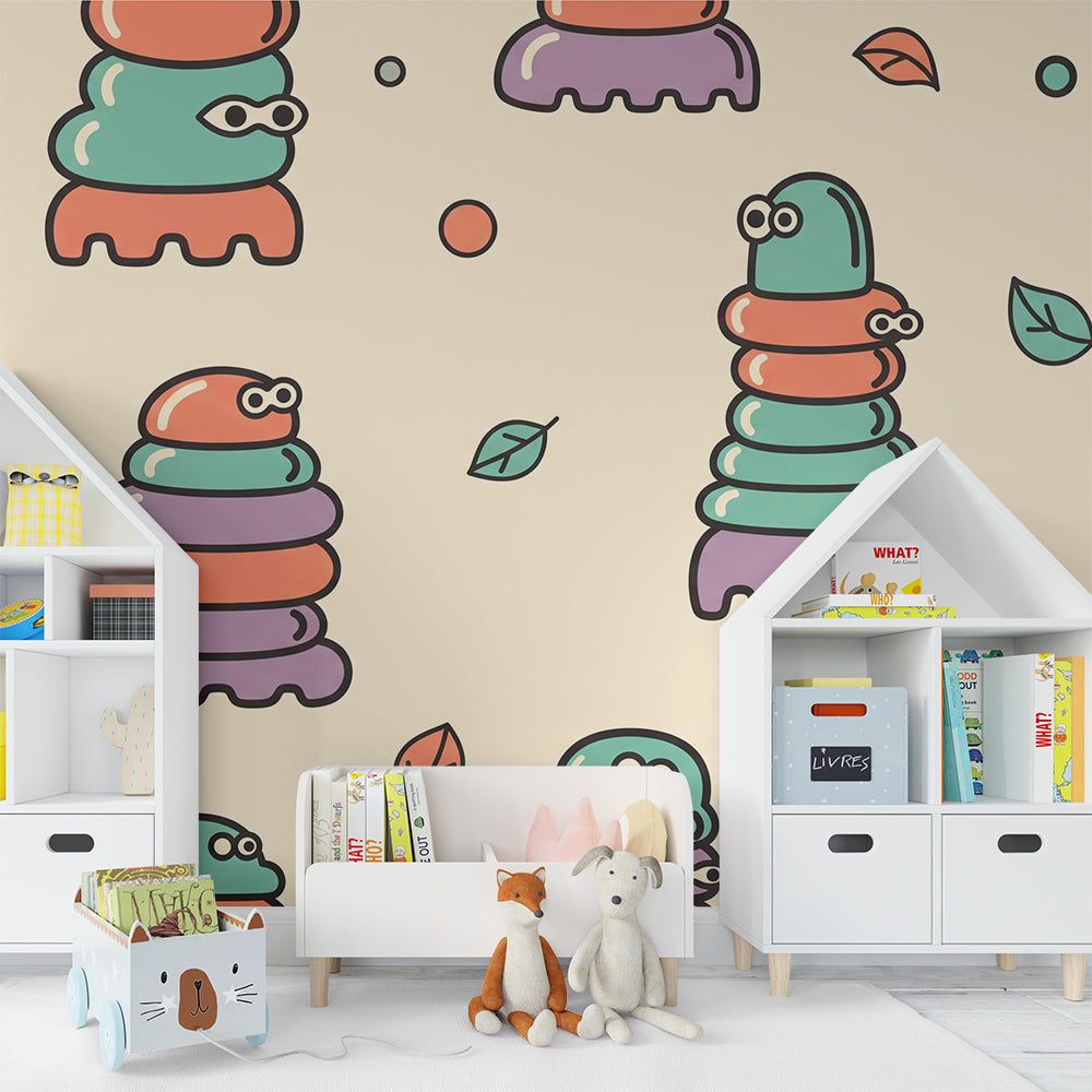 Kids-Mundo colourful caterpillar wall mural on a feature wall in a playful kids bedroom